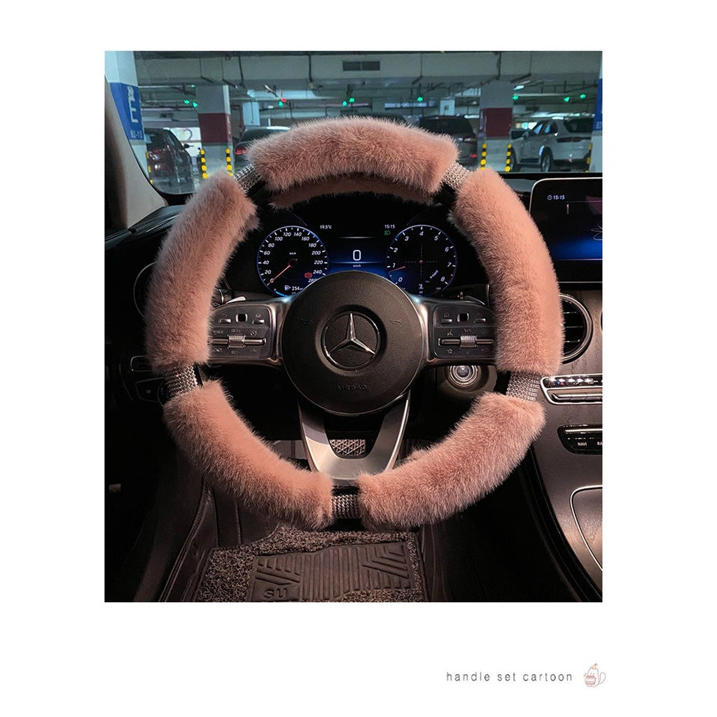 Fluffy Microfiber Plush Steering Wheel Cover with Bling Bling Crystal Rhinestones for Winter Warm, Universal 15 inch Fuzzy Steering Wheel Cover,pink