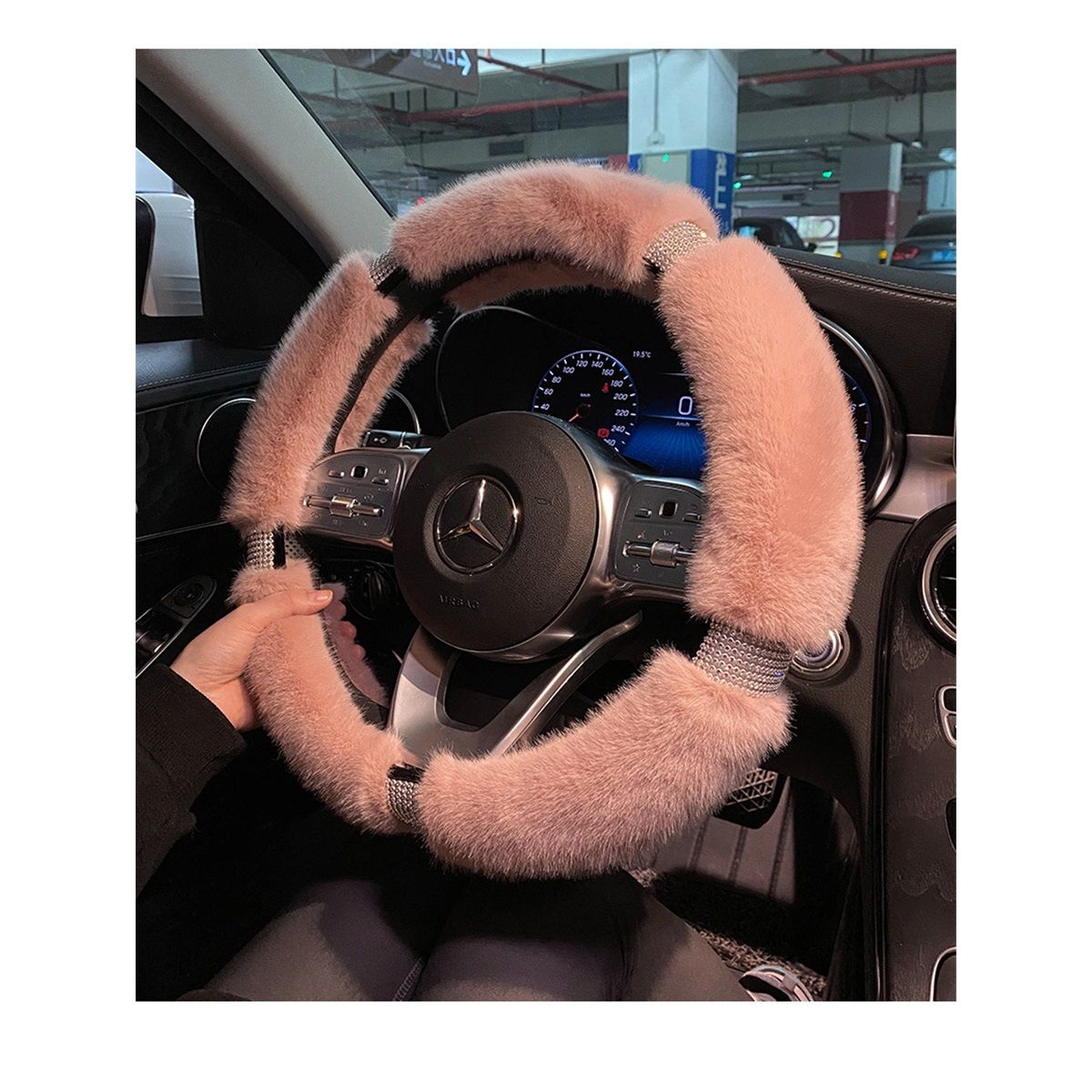 Fluffy Microfiber Plush Steering Wheel Cover with Bling Bling Crystal Rhinestones for Winter Warm, Universal 15 inch Fuzzy Steering Wheel Cover,pink