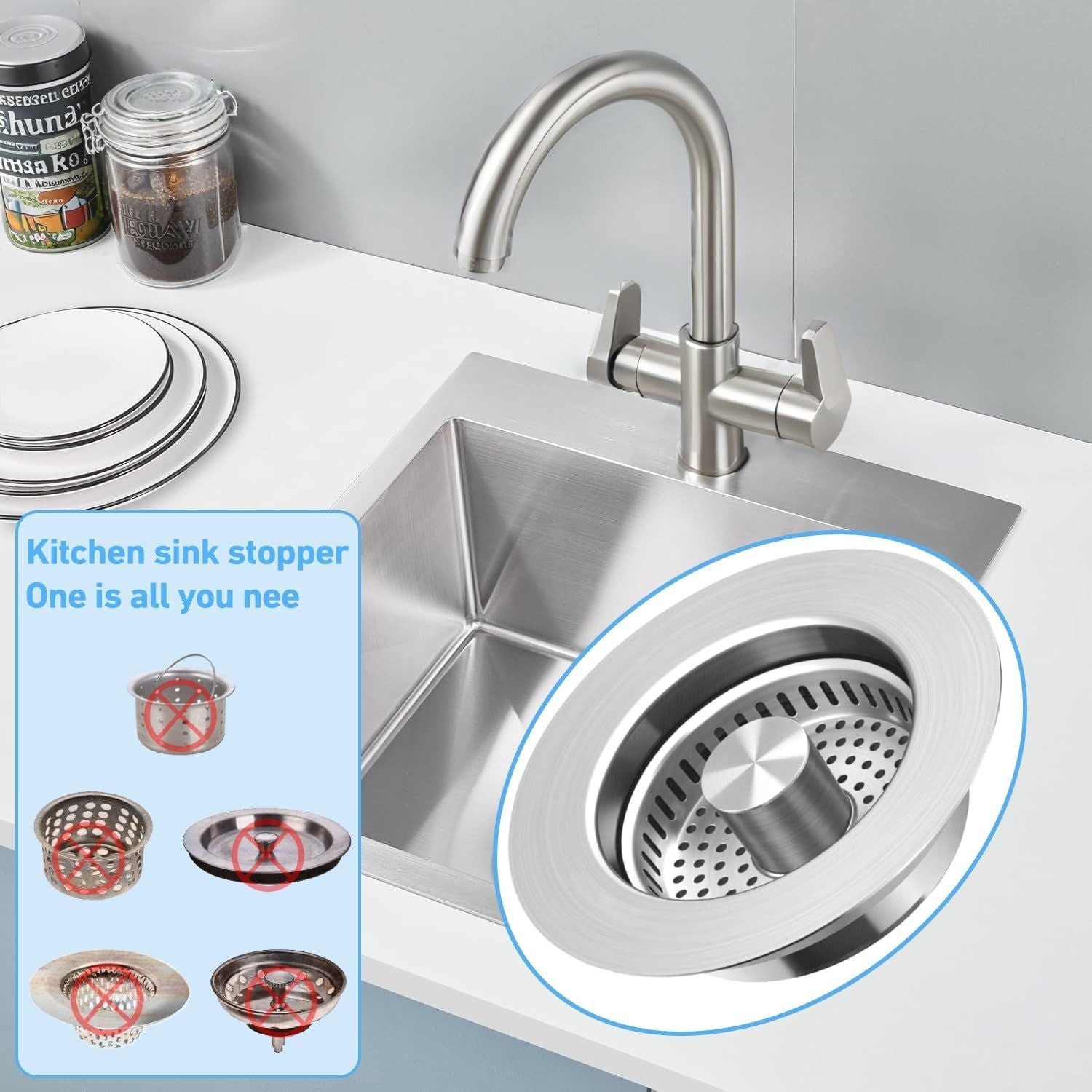 3-in-1 Kitchen Sink Drain Strainer & Stopper, Stainless Steel Food Catcher Plug with Filter Basket, Universal Sink Protector Cover, Anti-Clogging, Silver - 2Pack