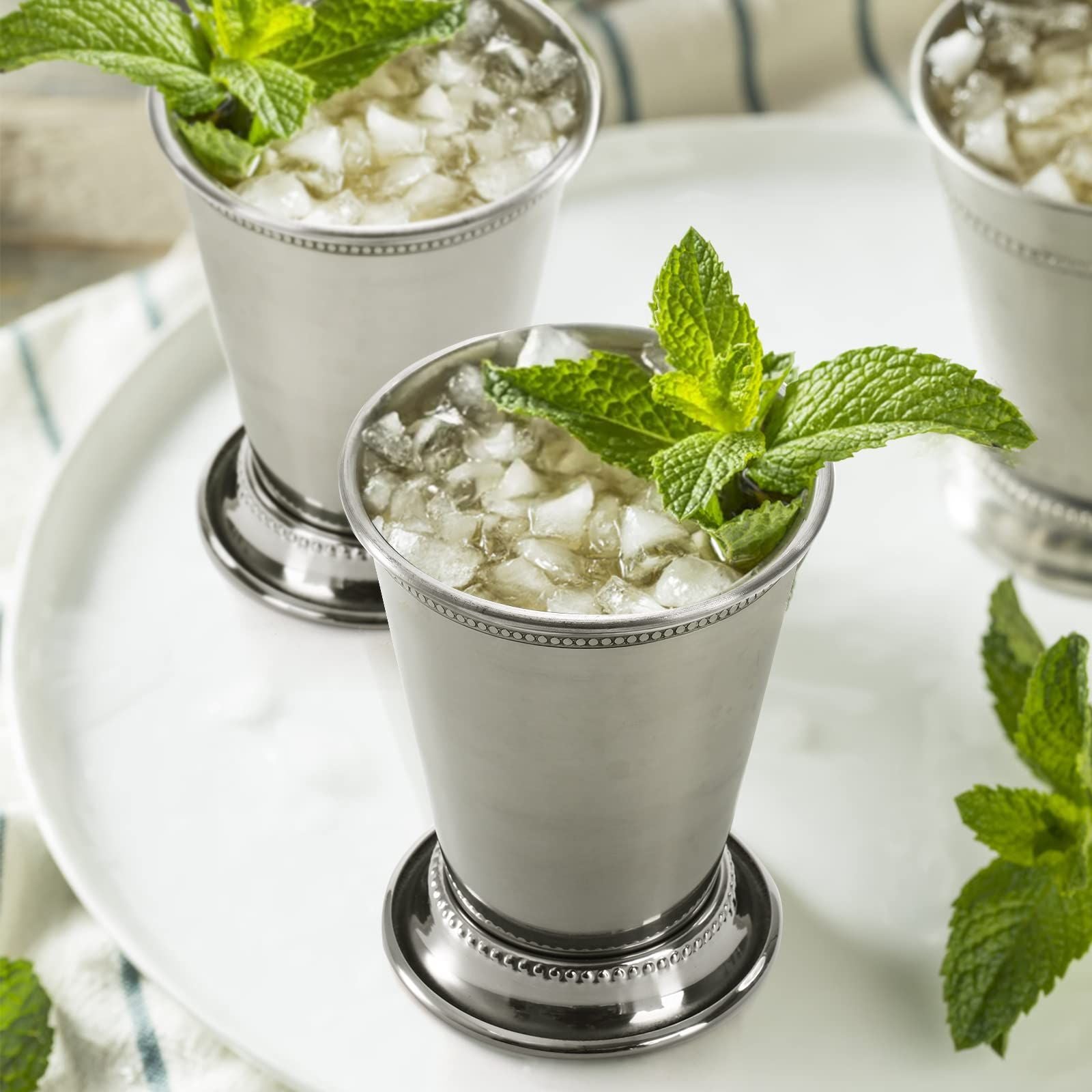 Mint  Cup Beautifully Handcrafted - 12oz 4.5" Tall Silver Glasses, Classic Stainless Steel Cocktail Glasses with Beaded Trim Border for Party Beer Juice Beverage Bar Home Restaurant