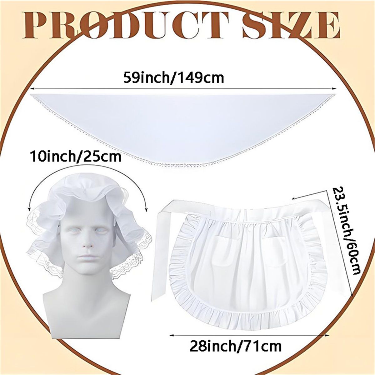Costume Women Set White Mob Cap Bonnet Shawl Waist Apron Pilgrim Costume Accessories Girl  3pcs
