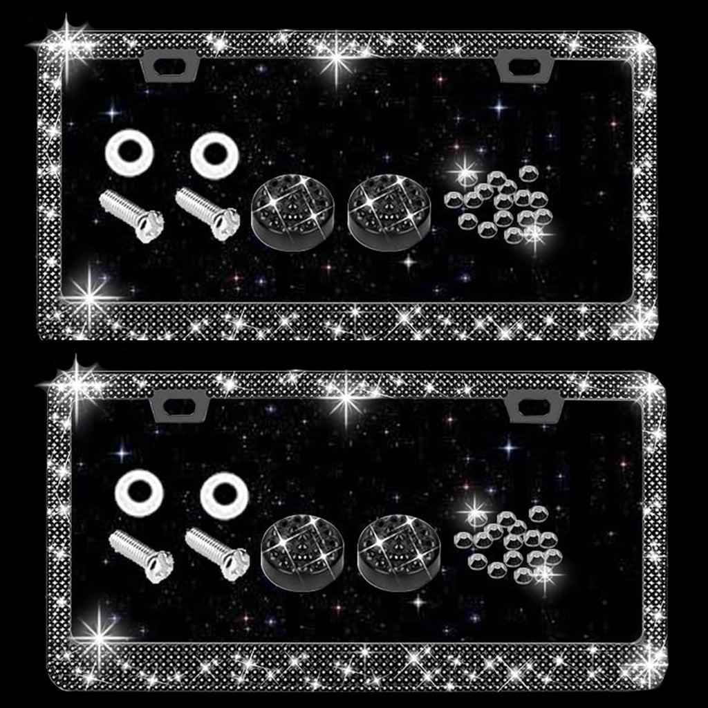 Bling License Plate Frame for Women, 4Pack Rhinestone Handcrafted Crystal Premium Stainless Steel, Stainless Steel Car Accessories with Diamond Sparkle Glitter Caps (White+black)