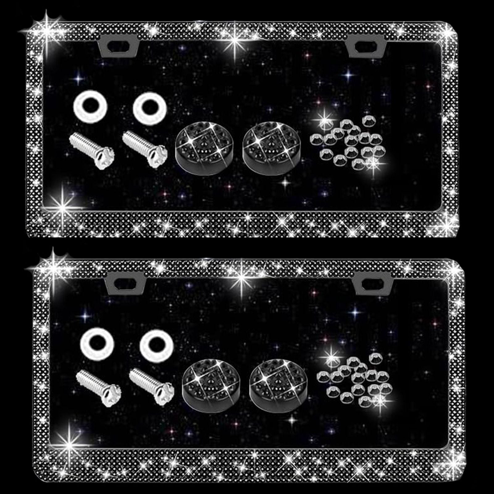 Bling License Plate Frame for Women, 4Pack Rhinestone Handcrafted Crystal Premium Stainless Steel, Stainless Steel Car Accessories with Diamond Sparkle Glitter Caps (White+black)