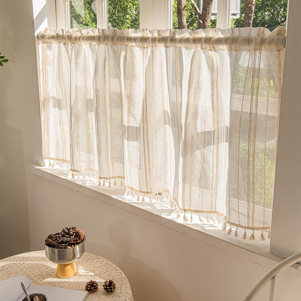 Deeprove Boho Textured Valance Tier, Neutral Bohemian Farmhouse Chic Kitchen Closet Textured Burlap with Tassels, Window Treatment Small Linen Stripe Curtain Wall Decor, 1 Panel 57" W x 24" L