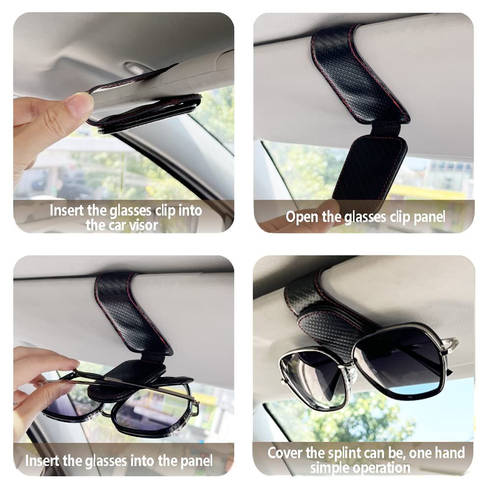 4Pcs Sunglass Holder for Car, Magnetic Leather Eyeglass Hanger Clip for Car Sun Visor, Sunglasses Holder and Ticket Card Clip for Car Visor Accessories (Carbon Fibre Black)
