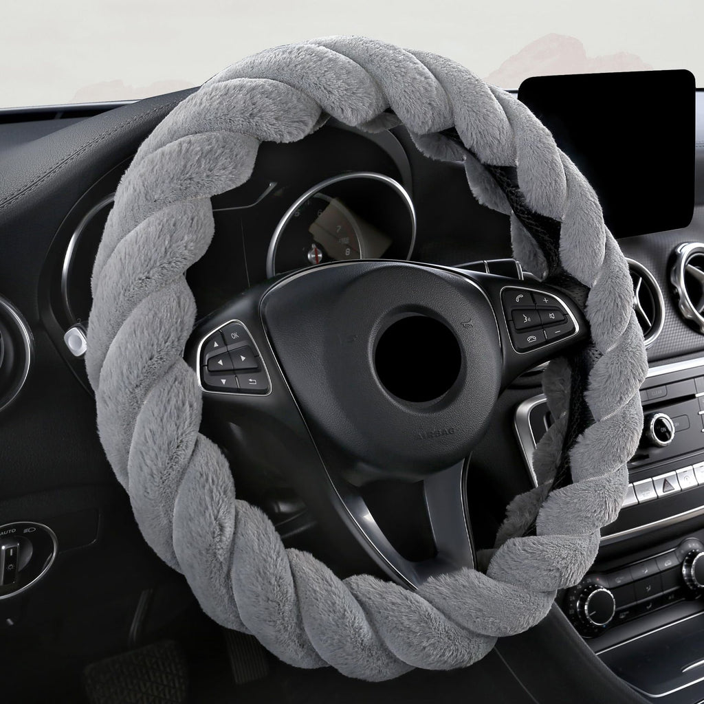 Luxury Fluffy Winter Car Steering Wheel Cover for Women Soft Warm Plush Cute Auto Accessories for Vehicle, Sedan, Universal, Fuzzy, Anti Slip, Gray, Standard Size 38cm