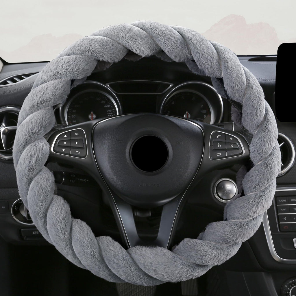 Luxury Fluffy Winter Car Steering Wheel Cover for Women Soft Warm Plush Cute Auto Accessories for Vehicle, Sedan, Universal, Fuzzy, Anti Slip, Gray, Standard Size 38cm