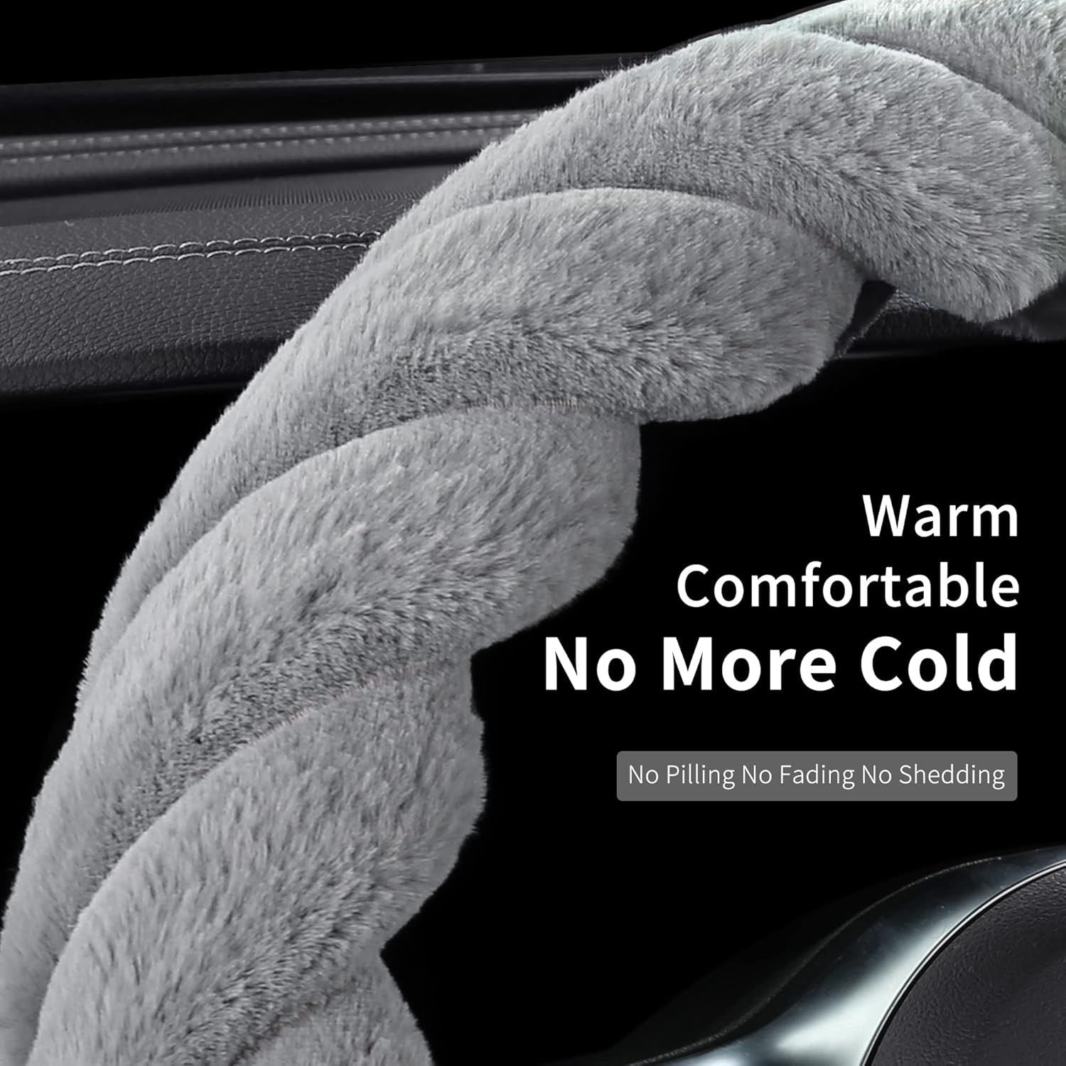 Luxury Fluffy Winter Car Steering Wheel Cover for Women Soft Warm Plush Cute Auto Accessories for Vehicle, Sedan, Universal, Fuzzy, Anti Slip, Gray, Standard Size 38cm