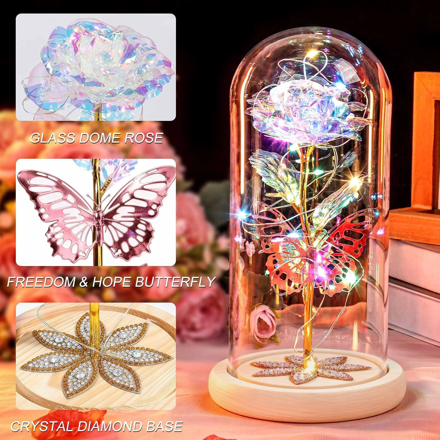 Valentines Day Rose Gifts for Her Women Mom, Galaxy Glass Rose Forever Preserved Flowers for Delivery Rose in Glass Dome Valentine's Day Flowers Gift for Wife Girlfriend Daughter Anniversary