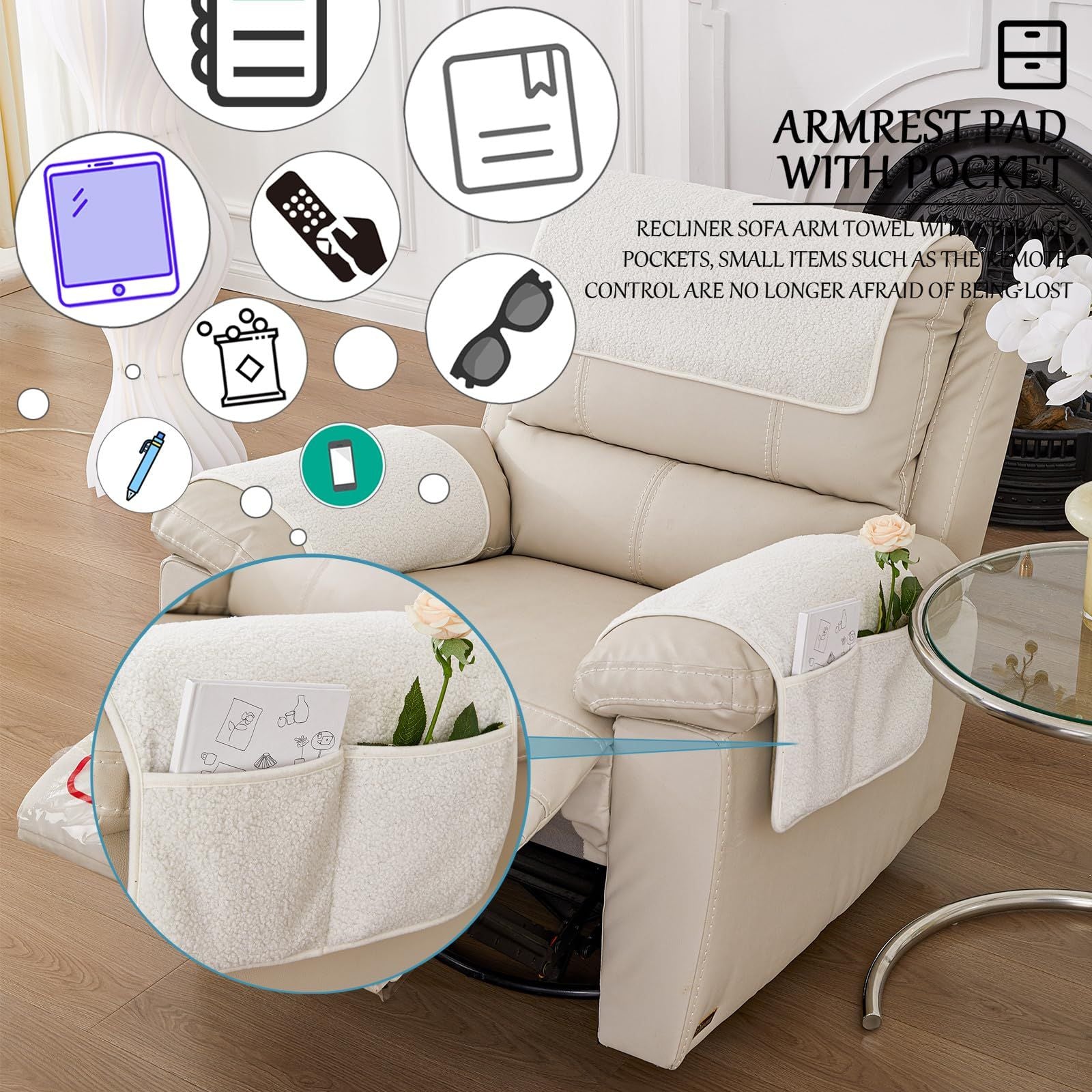 Armrest Cover, Recliner Chair Protector, Furniture Protector Slip, Side Storage Pocket, Stretch Armchair Couch Arm Rest Cover for Recliner, Chair, Sofa (Beige,2 Seater(4pcs))