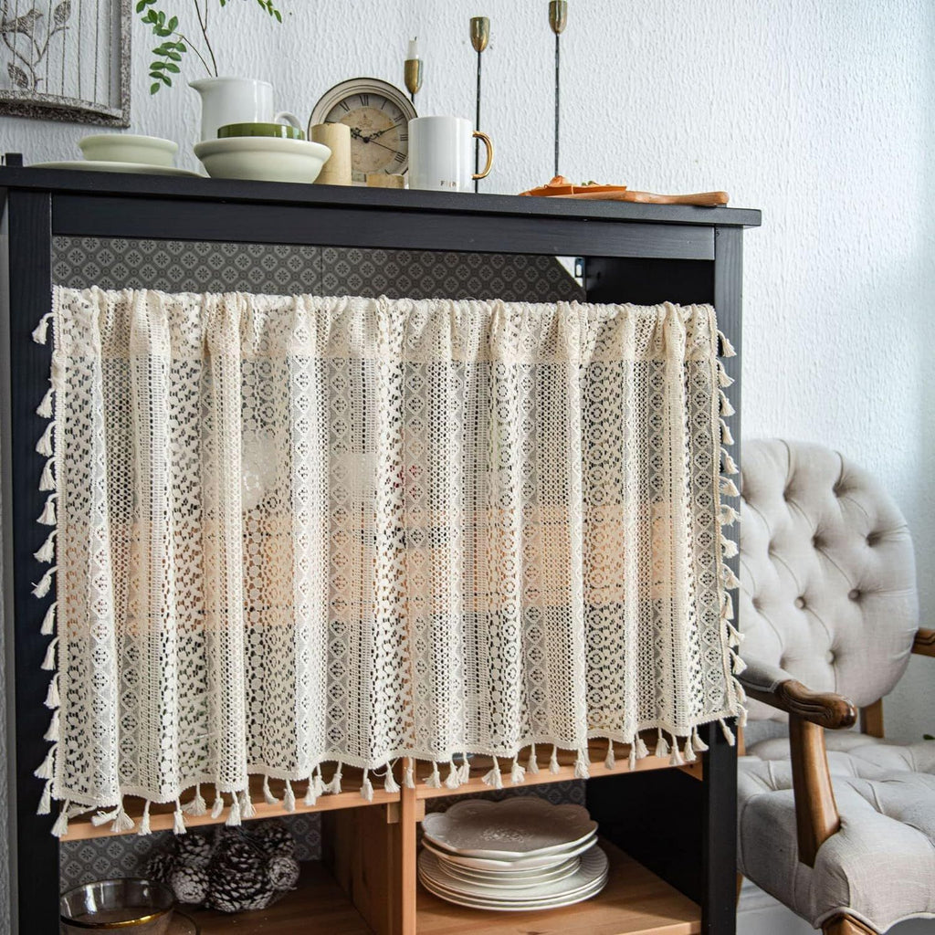 Boho Curtain Crochet Lace with Bohemian Hollow Knitted Handmade Tassels, Short Farmhouse Window Treatment for Kitchen Cafe, Rod Pocket, 1 Panel 59" W x 24" L, Beige
