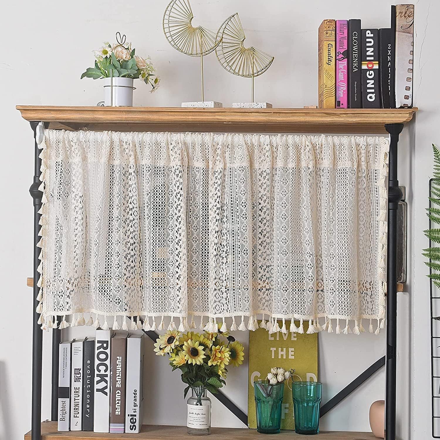 Boho Curtain Crochet Lace with Bohemian Hollow Knitted Handmade Tassels, Short Farmhouse Window Treatment for Kitchen Cafe, Rod Pocket, 1 Panel 59" W x 24" L, Beige
