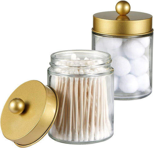 4 Pack Apothecary Jars Bathroom Vanity Storage Organizer Set -Countertop Canister with Stainless Steel Lids &Cute Stickers Dispenser Holder for Qtips,Cotton Swabs,Makeup Sponges(Gold)