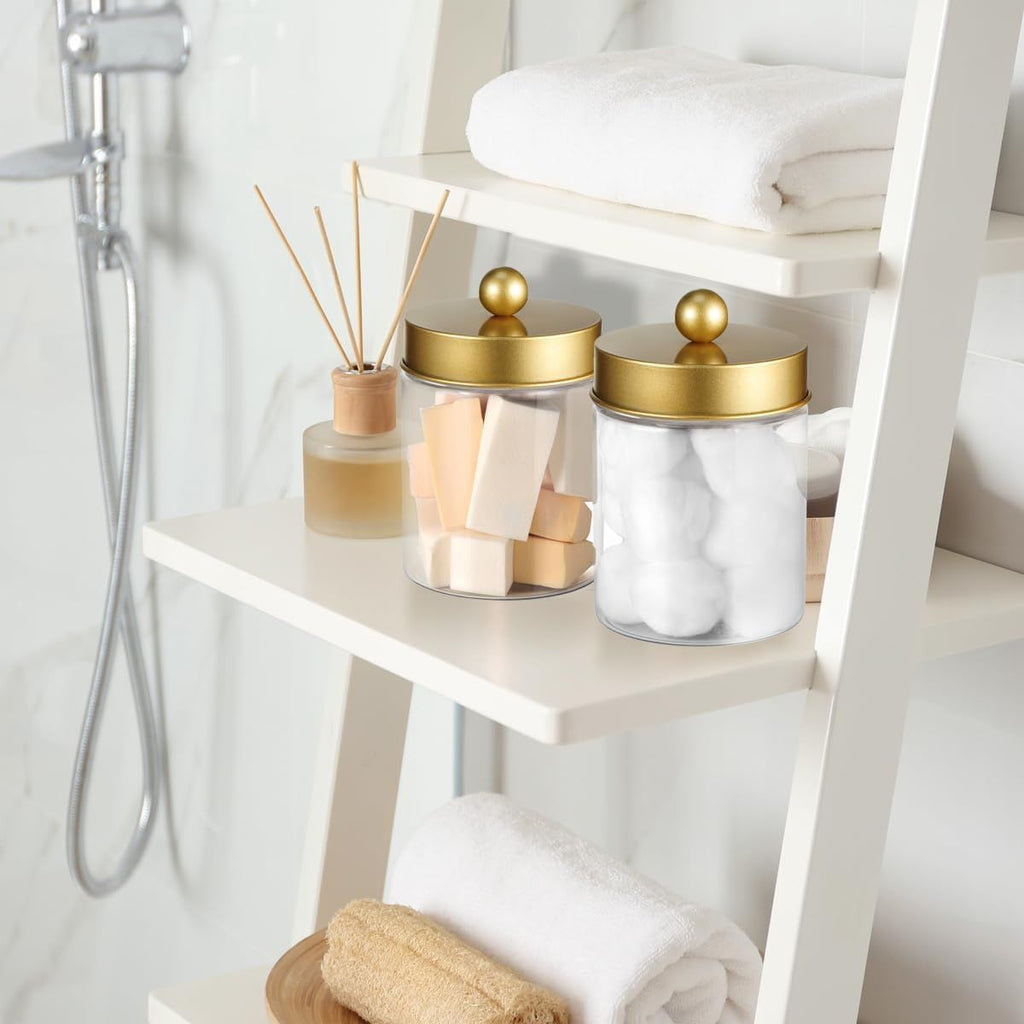 4 Pack Apothecary Jars Bathroom Vanity Storage Organizer Set -Countertop Canister with Stainless Steel Lids &Cute Stickers Dispenser Holder for Qtips,Cotton Swabs,Makeup Sponges(Gold)