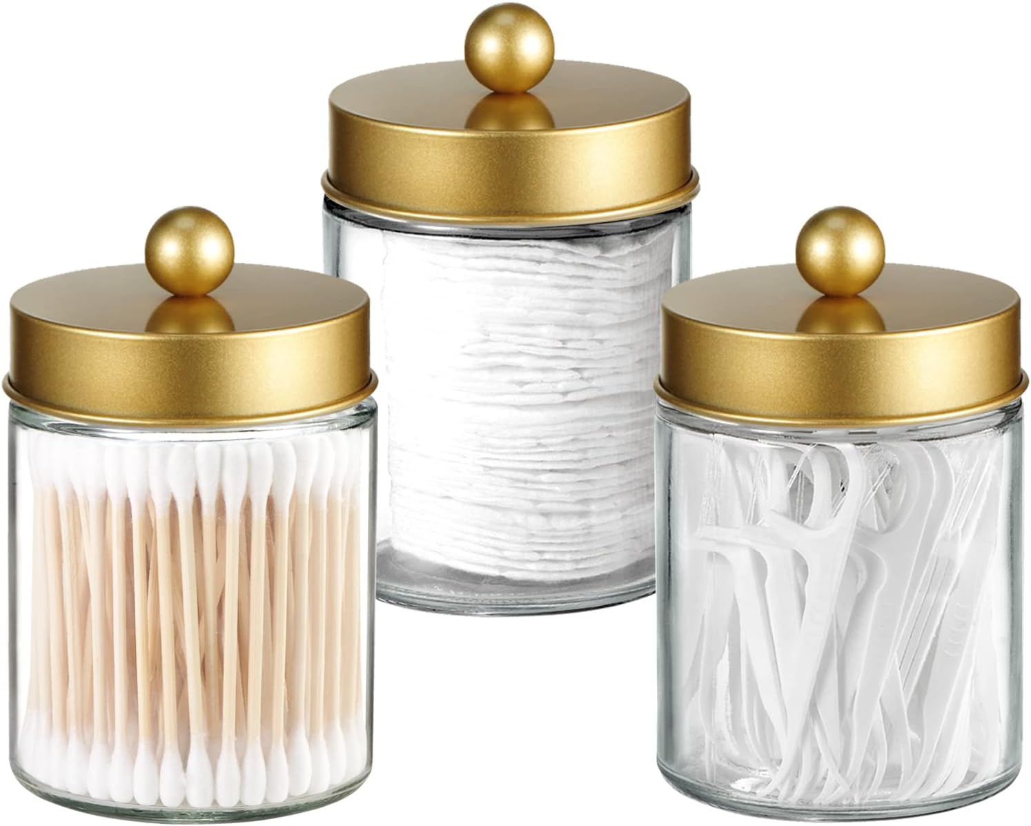 4 Pack Apothecary Jars Bathroom Vanity Storage Organizer Set -Countertop Canister with Stainless Steel Lids &Cute Stickers Dispenser Holder for Qtips,Cotton Swabs,Makeup Sponges(Gold)