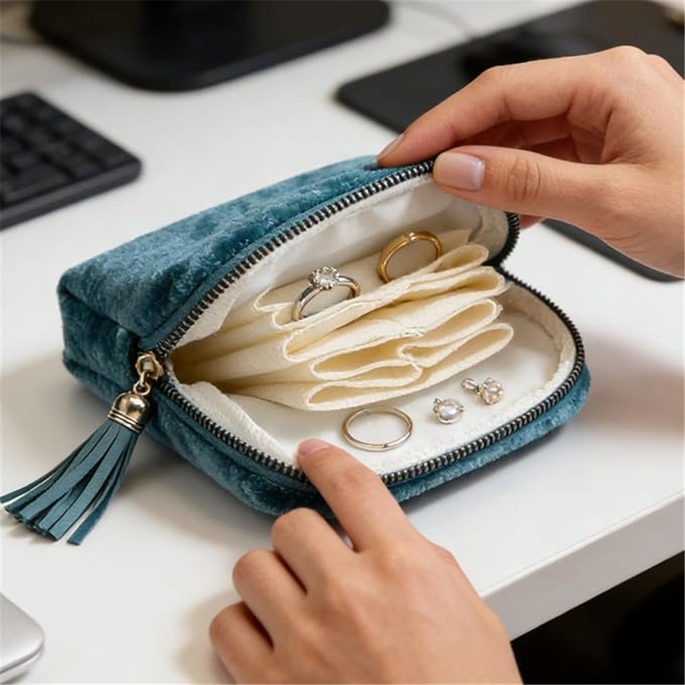 Small Travel Jewelry Case, Soft Velvet Organizer Pouch for Bangle, Bracelets, Large Earrings, Beaded necklace, Portable Jewelry Bag Holder for Travel & Everyday Use - Peacock Blue