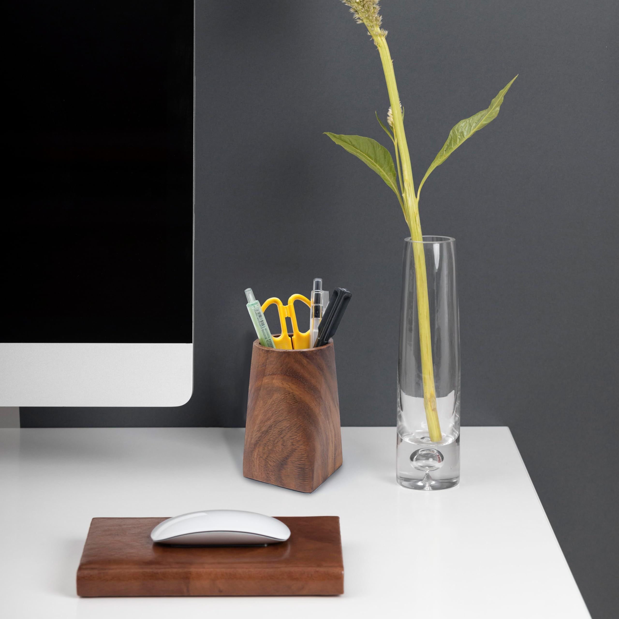 Walnut Wooden Pencil Box, Multiple-Use Desk Writing Stationary Organizer Wood Pen Holder Cups Office School Supplies Storage (Circular pen holder)