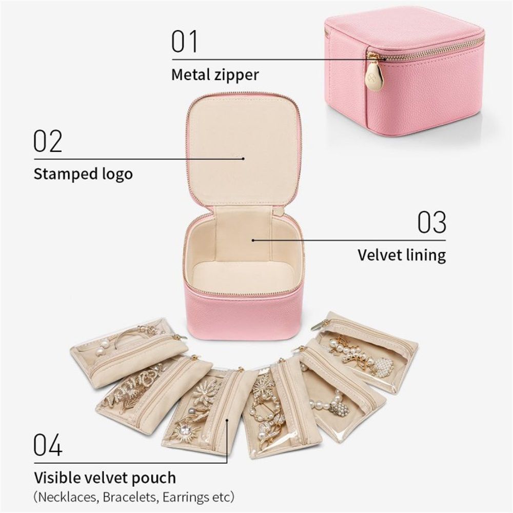 Travel Jewelry Box Organizer - 6 Small Zipped Pouches Pockets for Jewelries Necklaces Rings Earrings Sorting Storage,  Pink