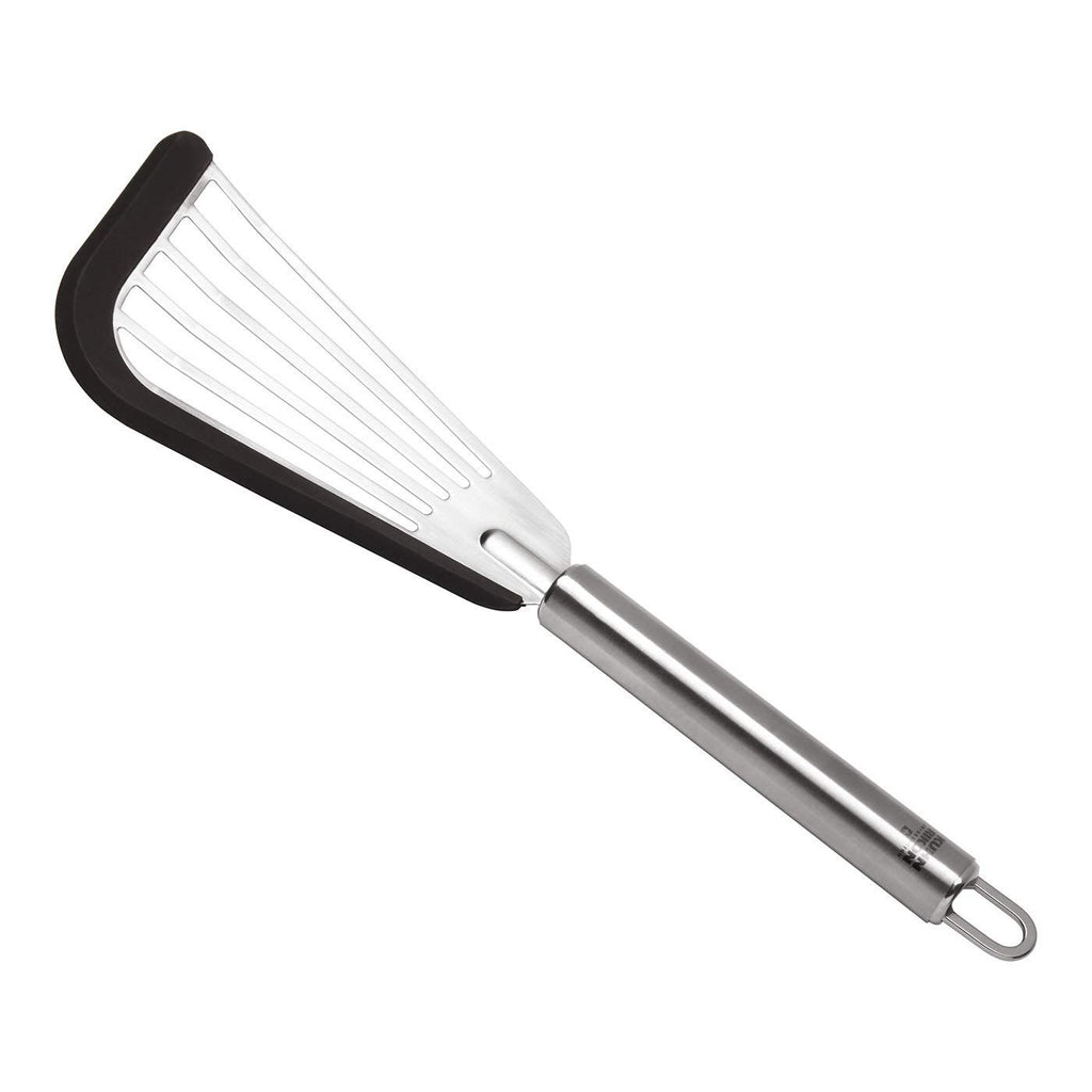 Stainless Steel Fish Turner with Silicone Tip – Nonstick, Heat-Resistant, Flexible Spatula for Delicate Foods – Ergonomic Handle, Dishwasher（ black edging）