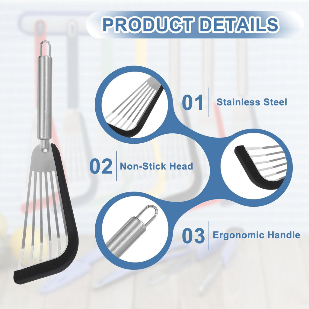Stainless Steel Fish Turner with Silicone Tip – Nonstick, Heat-Resistant, Flexible Spatula for Delicate Foods – Ergonomic Handle, Dishwasher（ black edging）