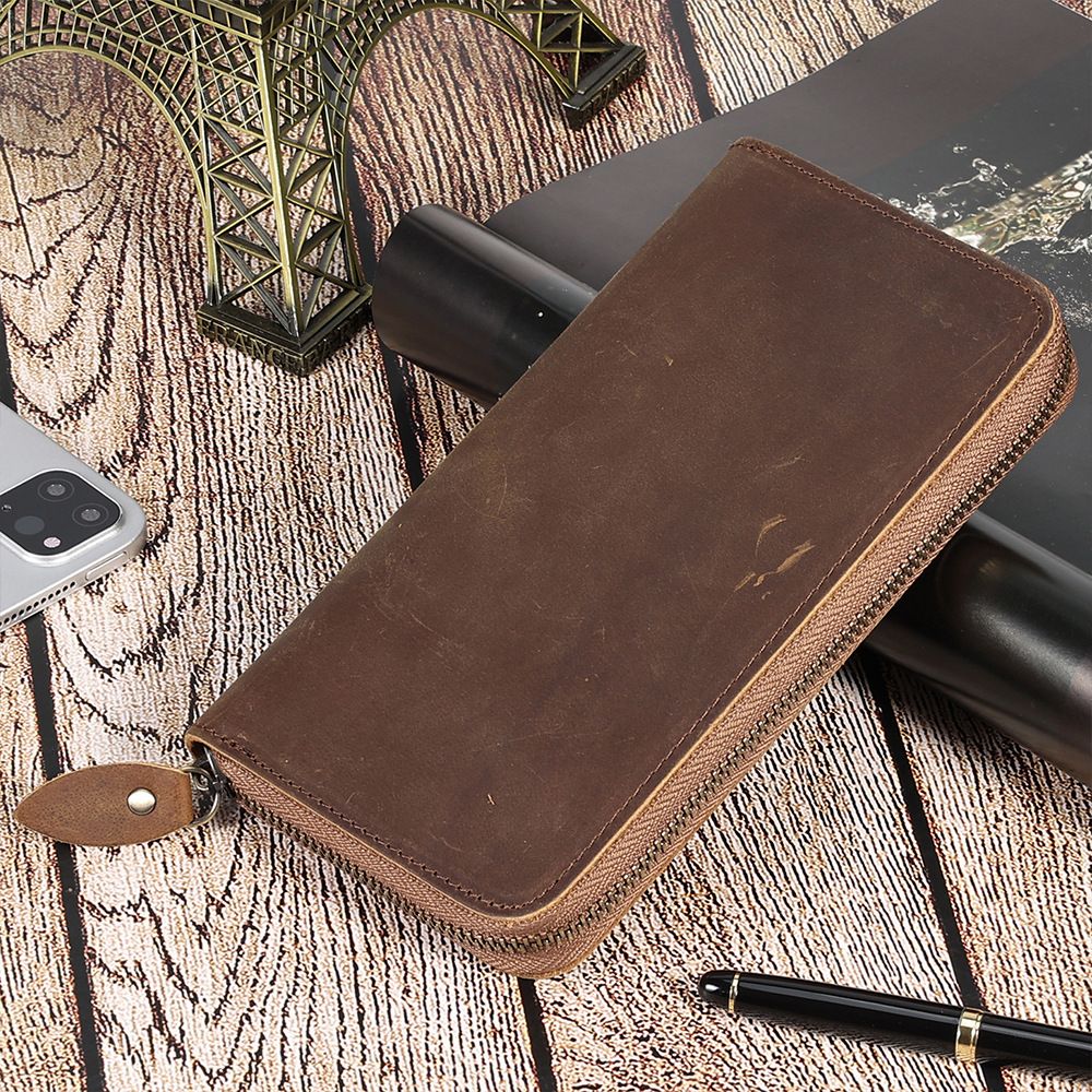 Genuine Leather anti-theft  Long Wallet for Men with Zipper Blocking Vintage Bifold Purse, Clutch Bag, Handbag, Checkbook, Cash  brown