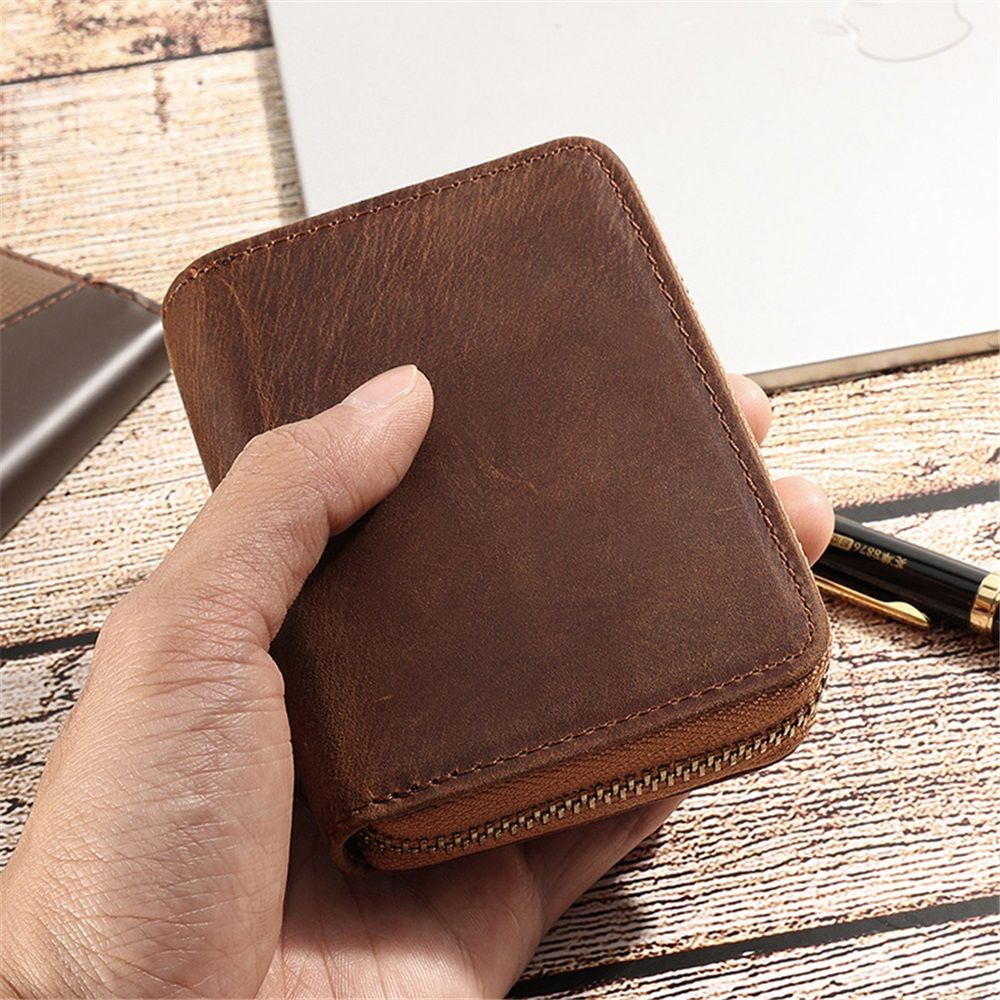 Zipper wallet men's barrier leather double fold credit card wallet men's minimalist leather wallet card holder gift （brown）