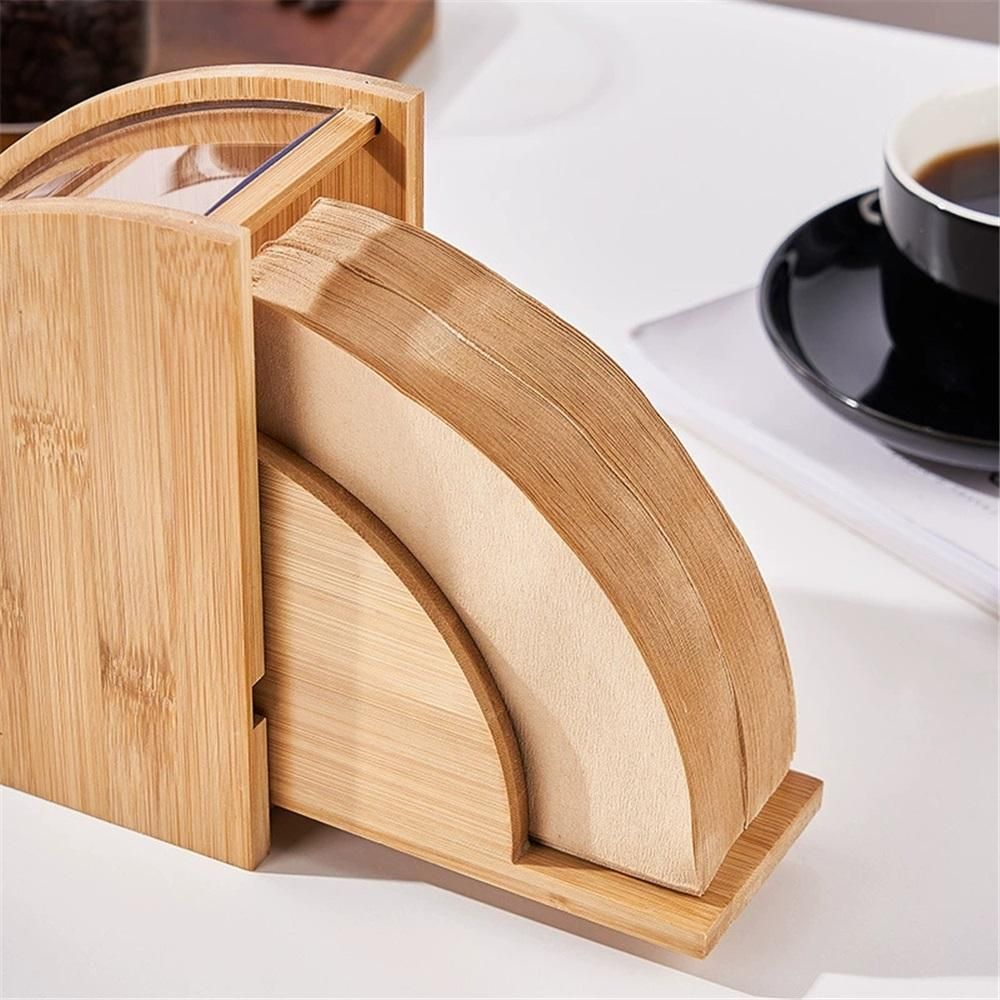 Coffee Filter Holder, Coffee Paper Storage Container  Coffee Filters Bamboo Coffee Filter Paper Dispenser Rack with Dustproof Cover Filter Organizer（Fan shaped small size）