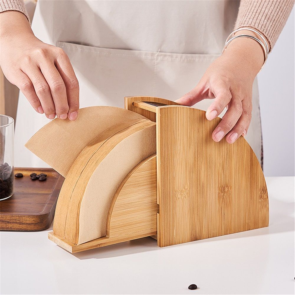 Coffee Filter Holder, Coffee Paper Storage Container  Coffee Filters Bamboo Coffee Filter Paper Dispenser Rack with Dustproof Cover Filter Organizer（Fan shaped small size）
