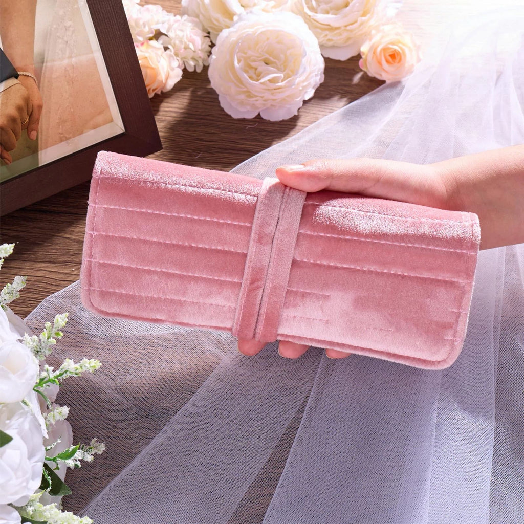 Pink Portable Jewelry Roll Organizer for Bride Untangled Necklace Ring Earrings Bracelet Foldable Travel Storage Bag Case Displays Holder Velvet Pouch