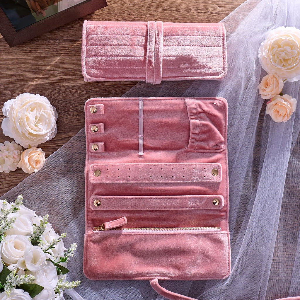 Pink Portable Jewelry Roll Organizer for Bride Untangled Necklace Ring Earrings Bracelet Foldable Travel Storage Bag Case Displays Holder Velvet Pouch