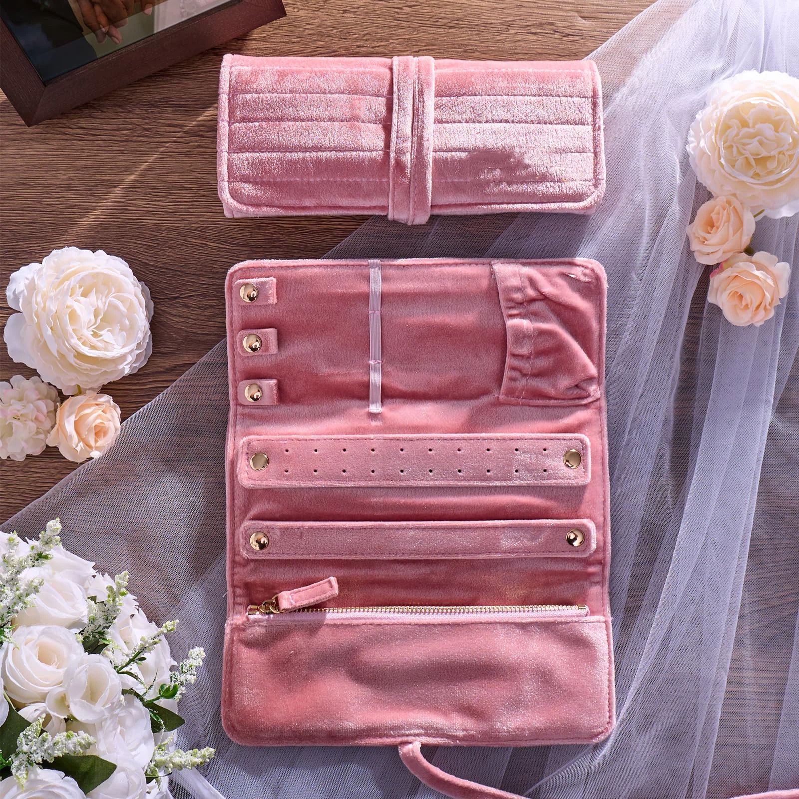 Pink Portable Jewelry Roll Organizer for Bride Untangled Necklace Ring Earrings Bracelet Foldable Travel Storage Bag Case Displays Holder Velvet Pouch