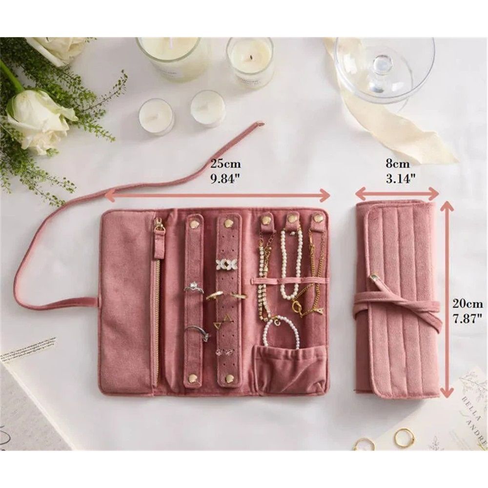 Pink Portable Jewelry Roll Organizer for Bride Untangled Necklace Ring Earrings Bracelet Foldable Travel Storage Bag Case Displays Holder Velvet Pouch