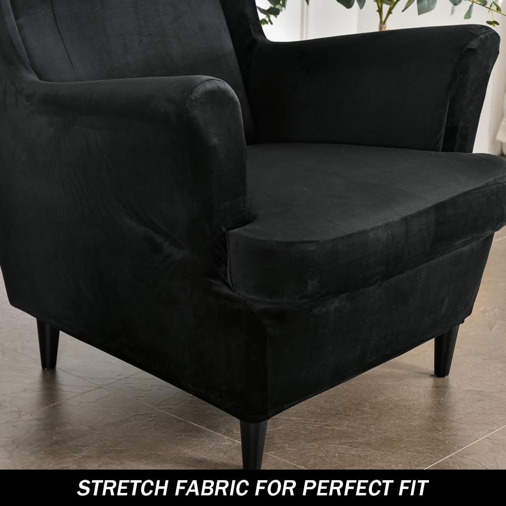 Tiger stool cover+cushion cover elastic silver fox fur cover soft armrest chair cover, with elastic bottom, suitable for living room and bedroom (black)