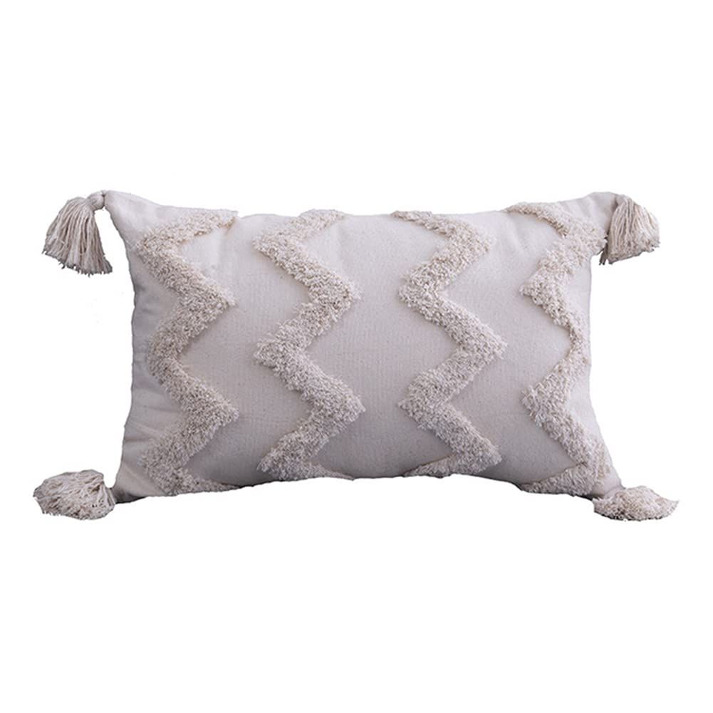 Boho Woven Tufted Pillowcase,Tassels Zigzag Lines Tribal Pattern Lumbar Pillow Case Cushion Cover for Couch Bed Car, 30*50cm, （Rectangular line）