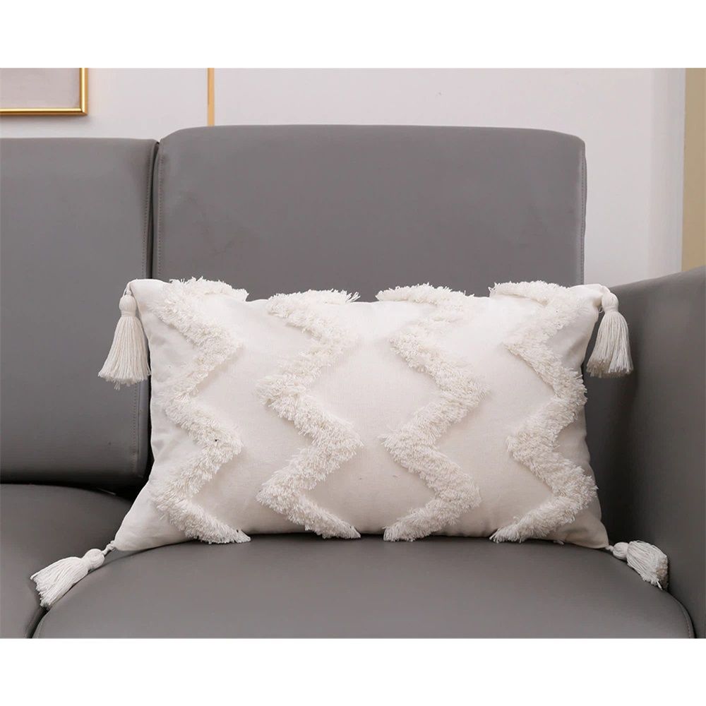 Boho Woven Tufted Pillowcase,Tassels Zigzag Lines Tribal Pattern Lumbar Pillow Case Cushion Cover for Couch Bed Car, 30*50cm, （Rectangular line）