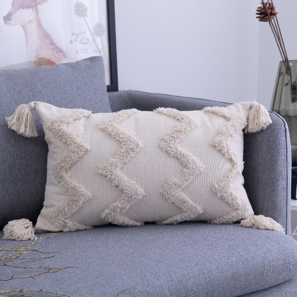 Boho Woven Tufted Pillowcase,Tassels Zigzag Lines Tribal Pattern Lumbar Pillow Case Cushion Cover for Couch Bed Car, 30*50cm, （Rectangular line）