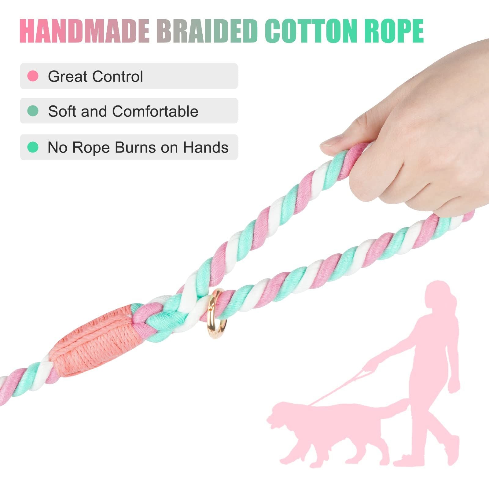 Dog rope 150cm hand woven cotton rope, suitable for small and large dogs, new gold heavy-duty metal buckle (cherry blossom powder 150cm * 1.2cm)