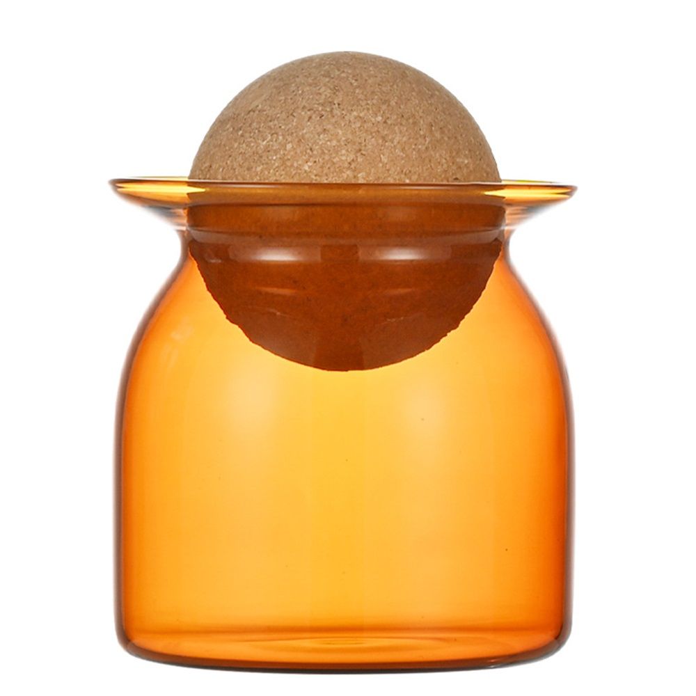 350ml Glass Storage Container with Ball Cork, Cute Decorative Organizer Bottle Canister Jar with Air Tight Wood Lid for Food, Coffee, Candy, Bathroom Apothecary Cotton Swab Qtip Holder（amber）