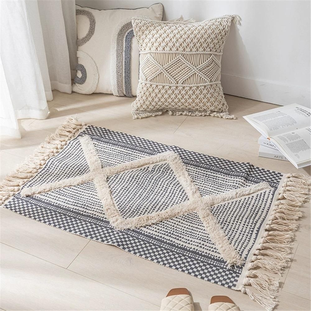 Handmade tassel floor mat, living room, bedroom, carpet, fabric, home, entrance, bathroom, bedside carpet（black）