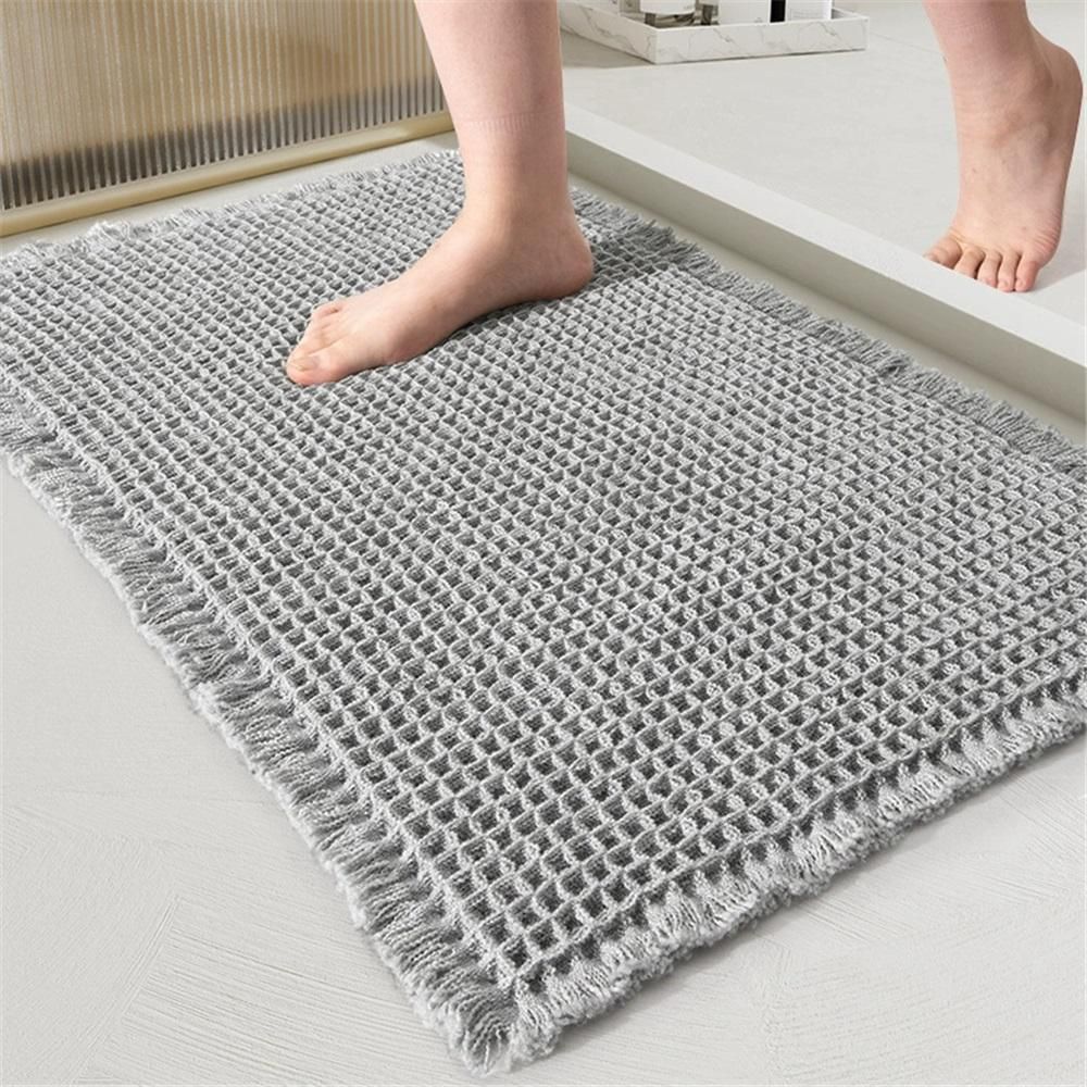 Waffle Bath Mat, Boho Bathroom Rugs Non Slip Washable Super Absorbent Quick Dry Bath Mat Farmhouse Bathroom Decor,  Grey 43x61cm