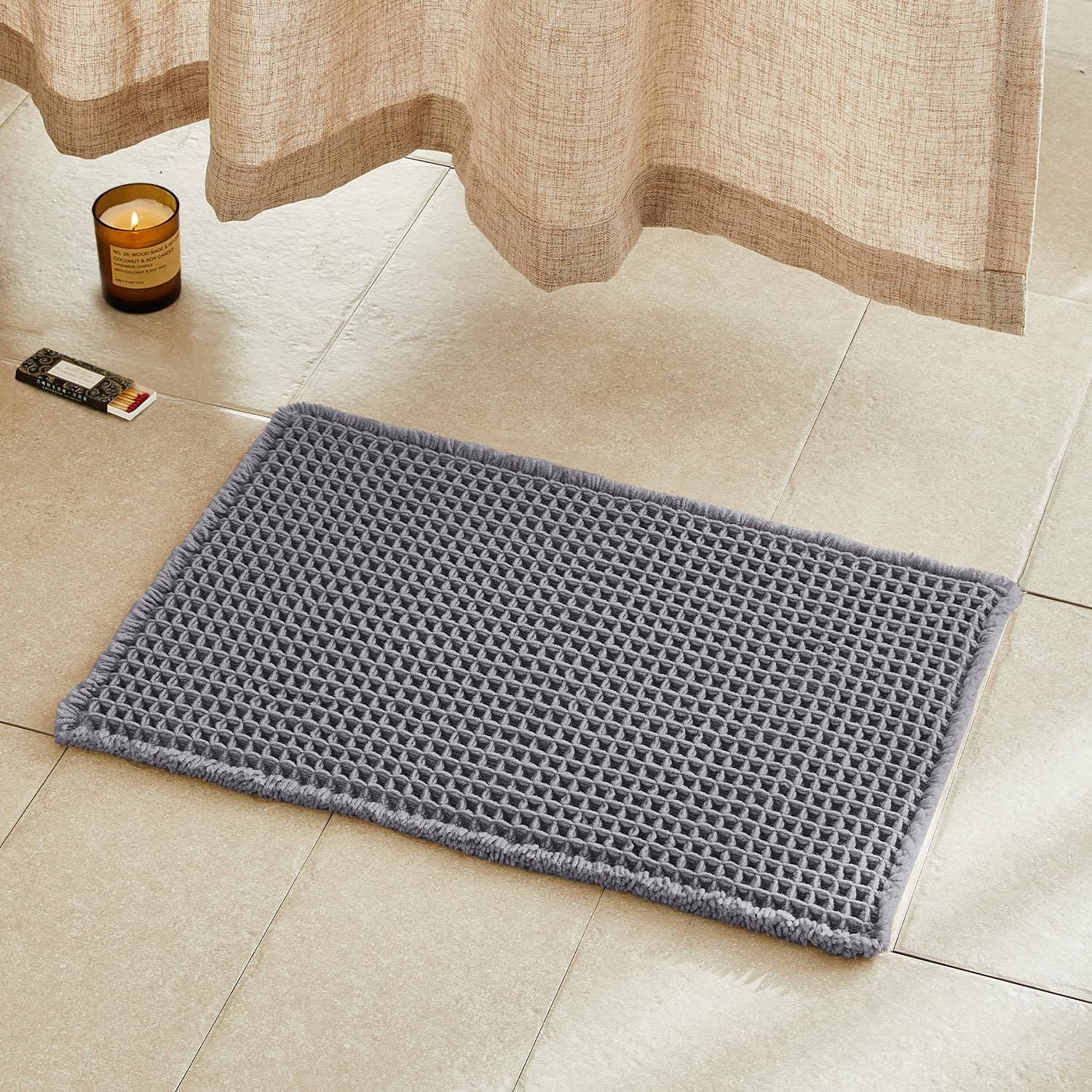 Waffle Bath Mat, Boho Bathroom Rugs Non Slip Washable Super Absorbent Quick Dry Bath Mat Farmhouse Bathroom Decor,  Grey 43x61cm