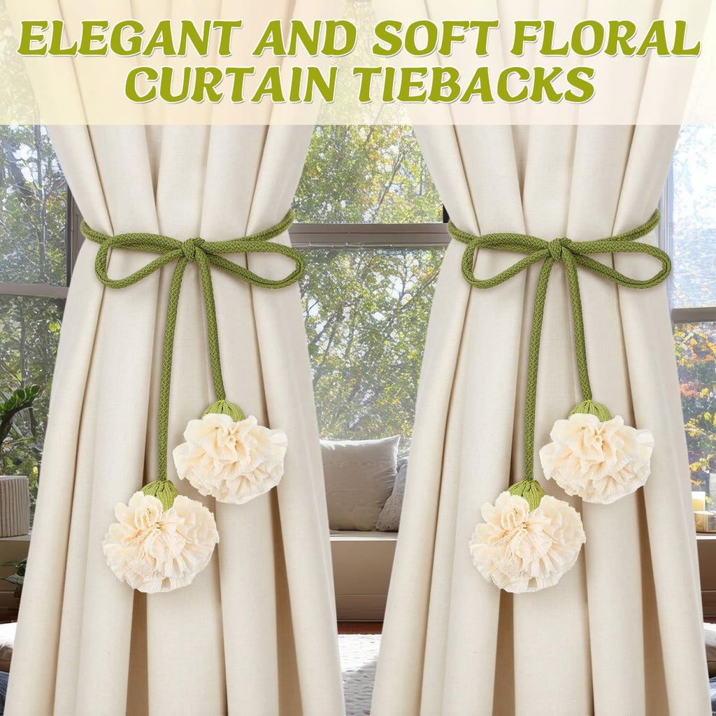 4 Pack Boho Handmade Flower Curtain Tiebacks Curtain Holdbacks - No Drill Rope Curtain Holder, Drapery Holdback Decorative Pull Backs for Nursery & Bedroom Decor (2, Lily of The Valley)