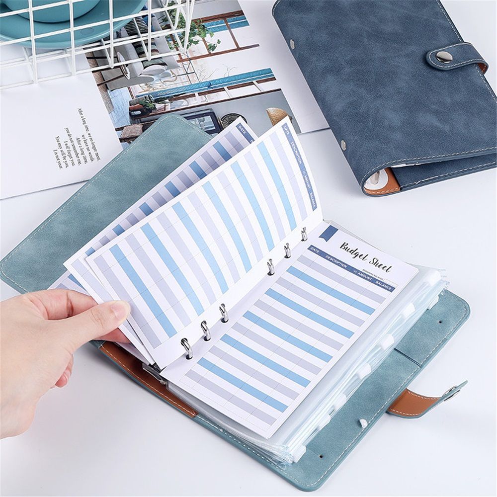 A6 binder diary, used for office, school, travel, business planning, including 12 budget cards, 8 PVC zipper bags, and 2 English stickers (cyan)