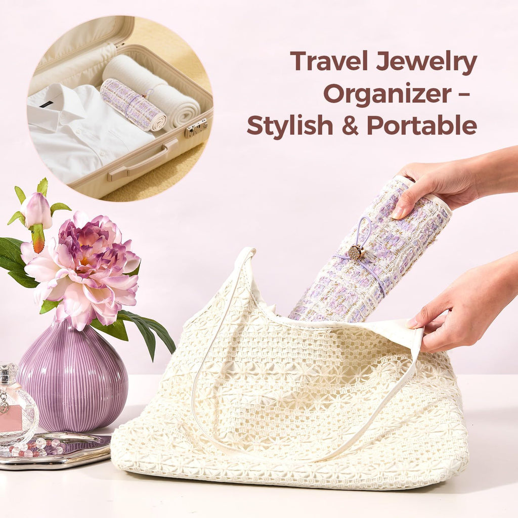 Travel Jewelry Organizer Roll with Zippered Pockets | Tangle-Free Portable Jewelry Storage Bag for Women | Holder for Necklaces, Earrings, Rings, Bracelets(purple)