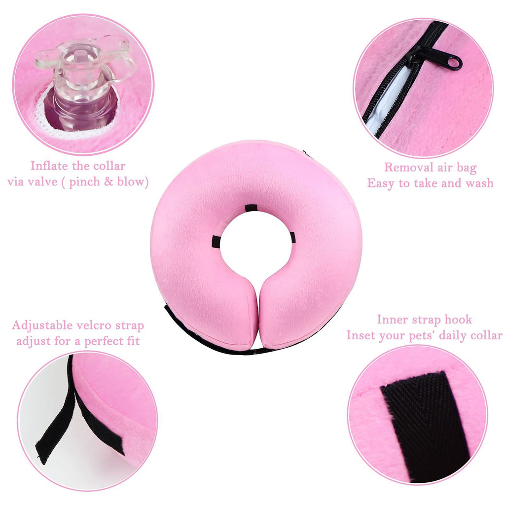 Inflatable Dog Cone Collar for After Surgery, Doggie Neck Blow up Donut Recovery ECollar, Soft Adjustable Dog Cone for Small Medium Large Dogs and Cats (S, Pink)