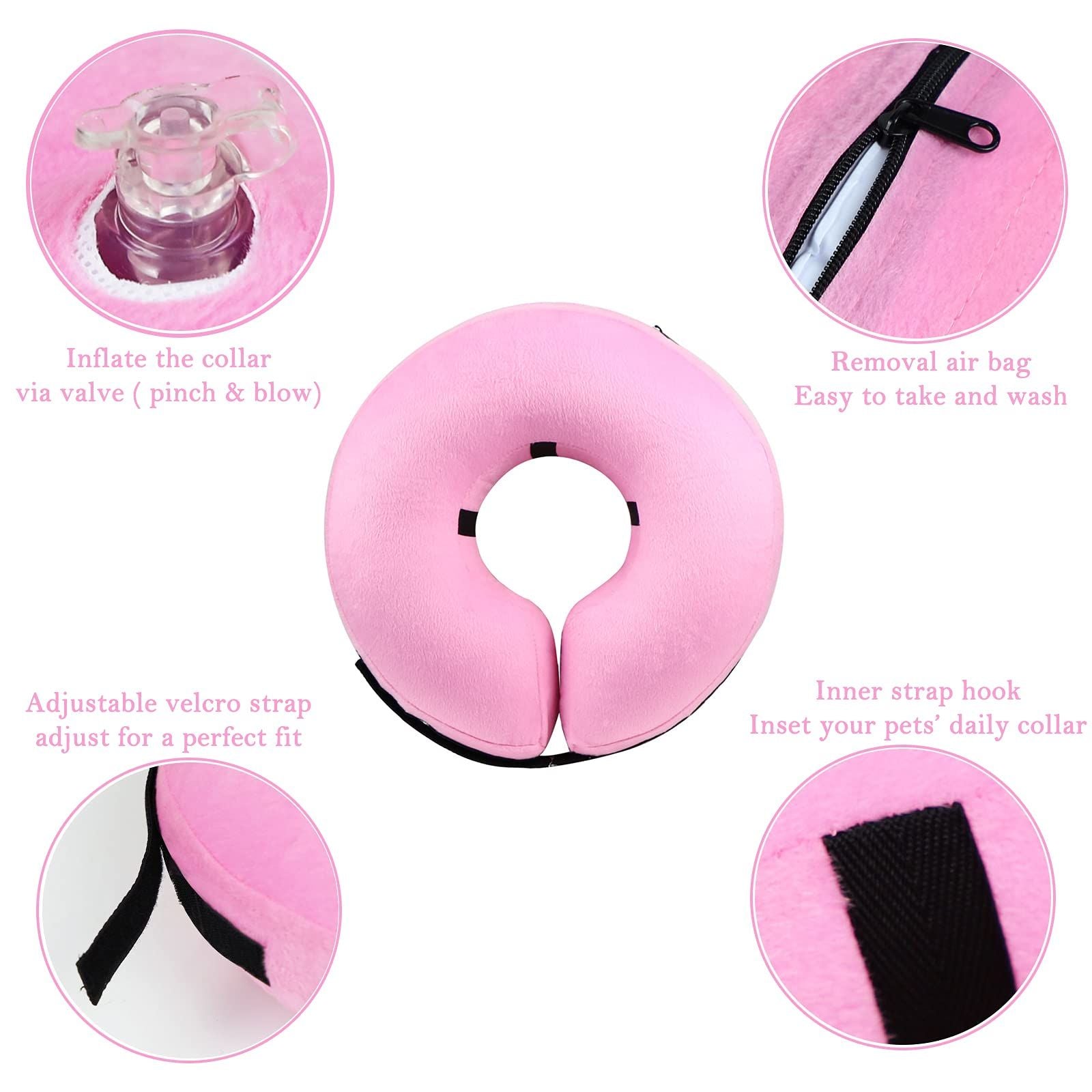 Inflatable Dog Cone Collar for After Surgery, Doggie Neck Blow up Donut Recovery ECollar, Soft Adjustable Dog Cone for Small Medium Large Dogs and Cats (S, Pink)