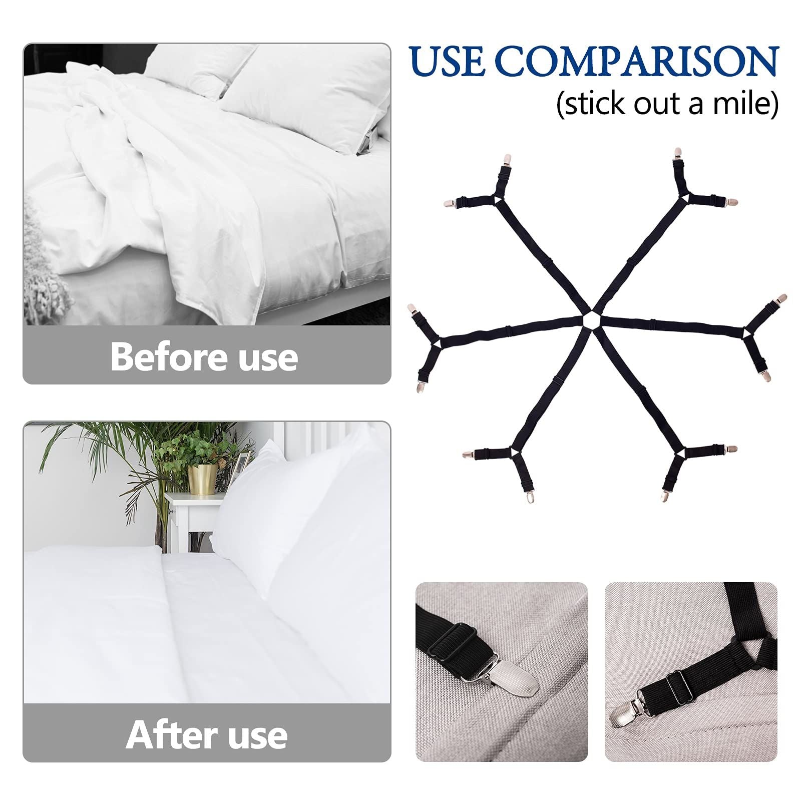 2pcs Sheet Clips,Under Mattress Bed/Fitted Sheet Fastener,Long Strap Clip Bands,6 sides with 12 black clips(Black)