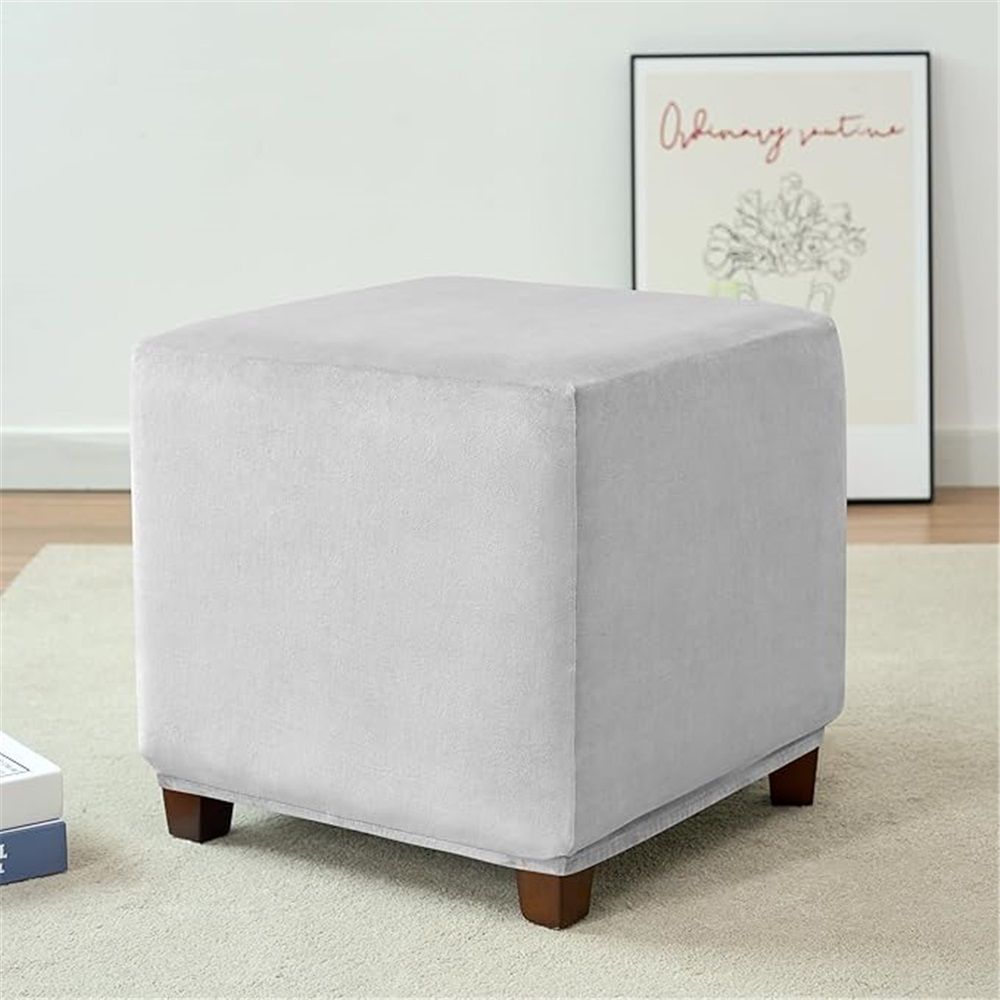 Stretch Cover Velvet Small  Square Footstool Cover Pouffe Protector Covers, for Square Leather/Fabric  Footstool,（light gray M）