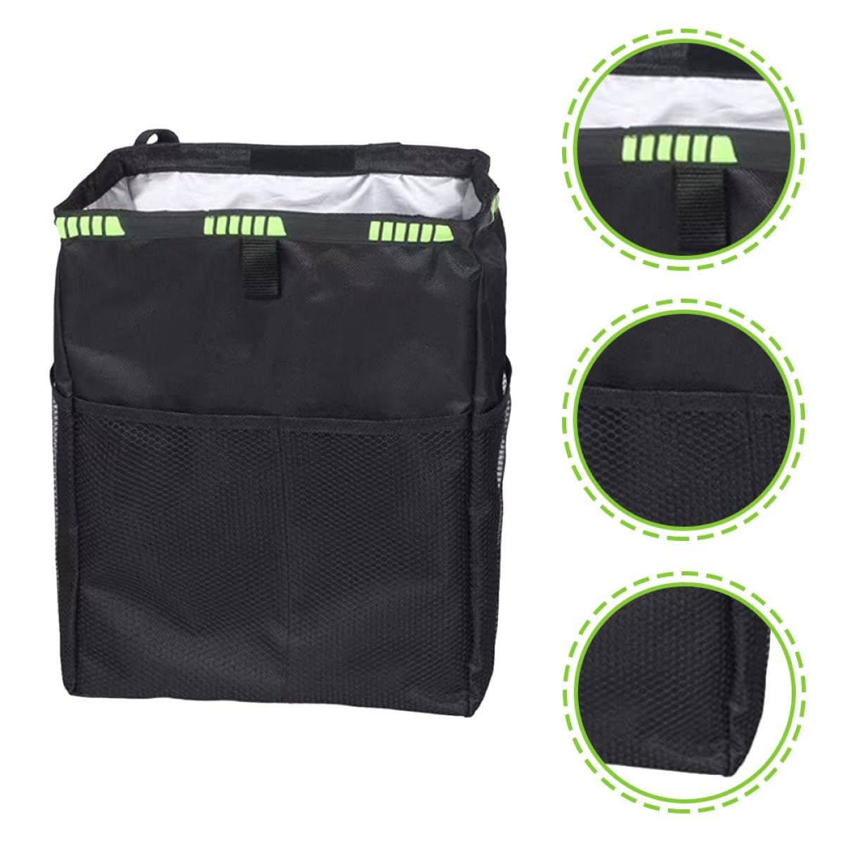 2pcs Hanging Car Trash Can with Storage Pockets, Waterproof Leakproof Oxford Auto Garbage Bag, Multi-Use Organizer for Outdoor Traveling,Home (Black printed green ribbon)