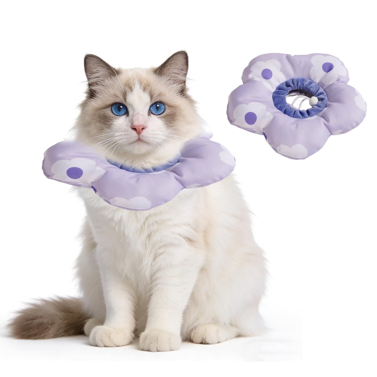 Cat Cone Collar,Cute Waterproof Cat Recovery Collar,Anti-Bite Lick Wound Healing Safety Elizabethan e Collar for Cats,Purple Flower All-Season Style(S)